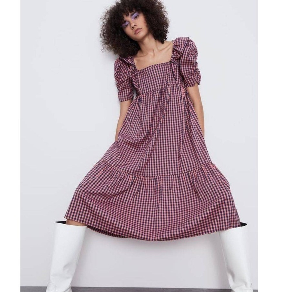 Zara Pink Navy Gingham Puff Sleeve Tiered Babydoll Midi Dress 0881/012 Medium